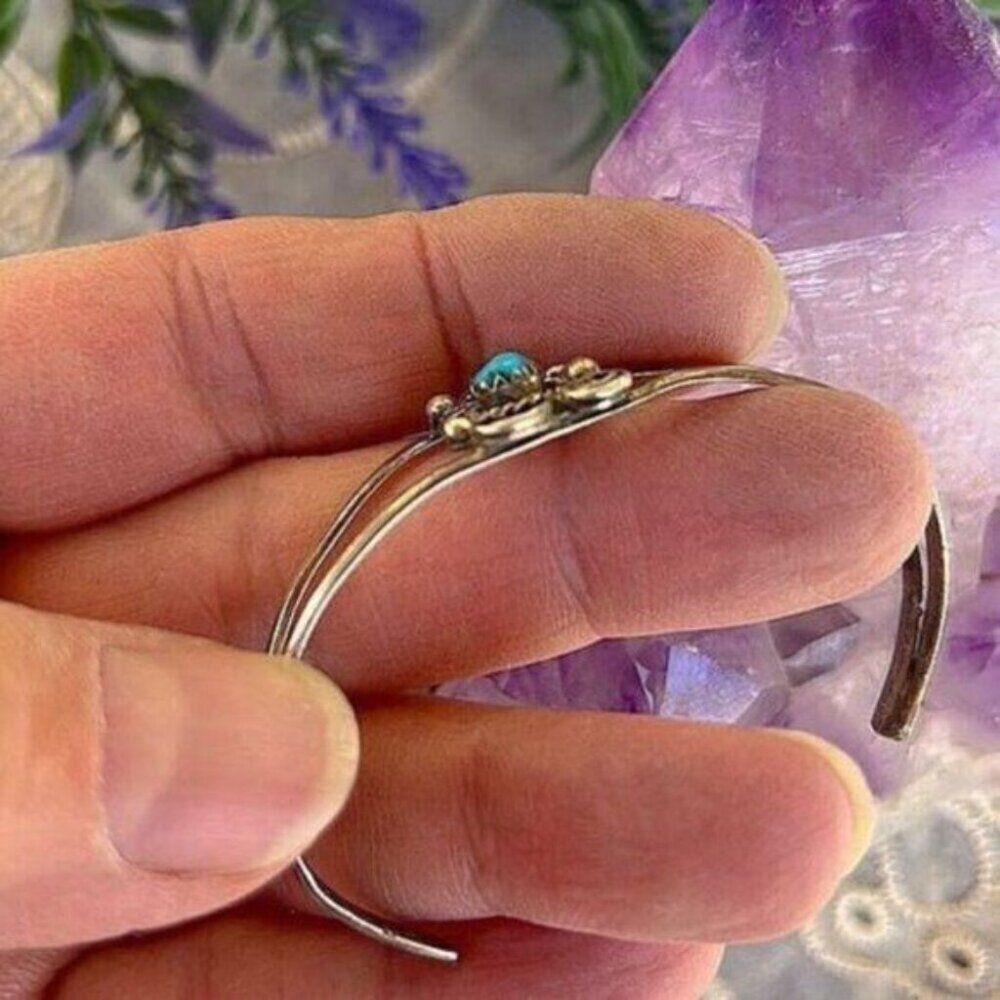 Dainty Vintage Native Turquoise & Sterling Cuff - Picture 3 of 8